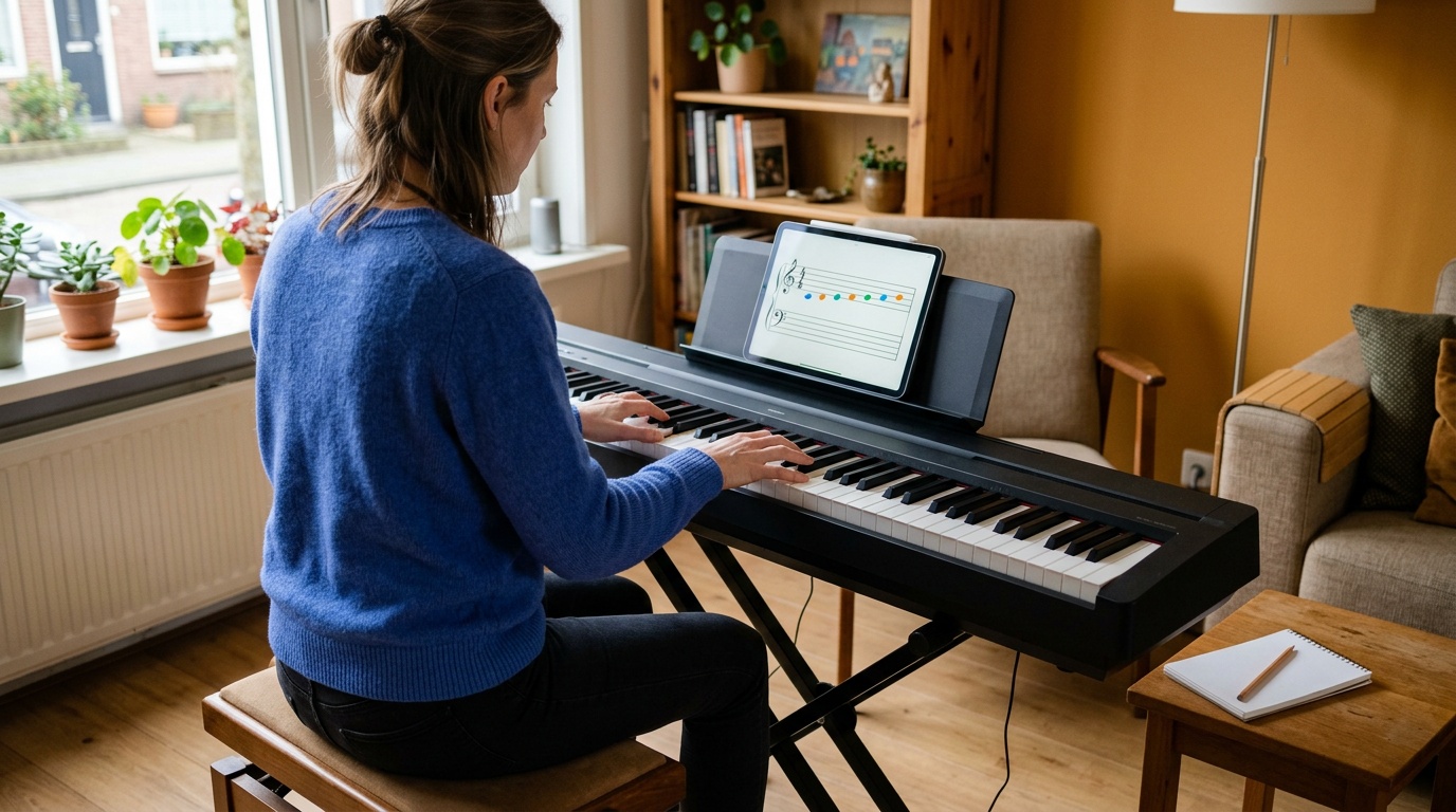 Beginnende pianist oefent met een piano-app op een tablet